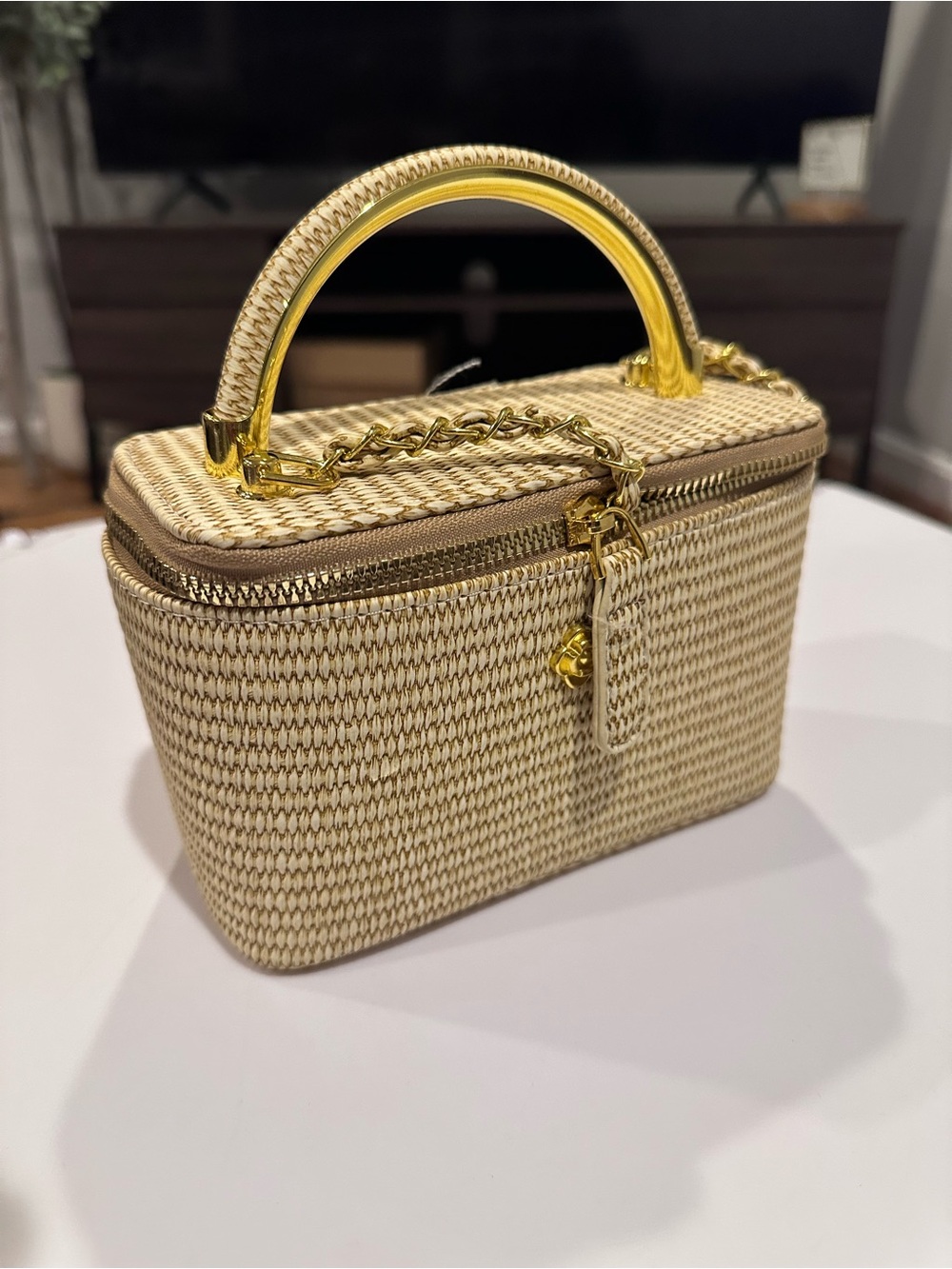 Woven Beige Crossbody Vanity Bag with Gold Handle